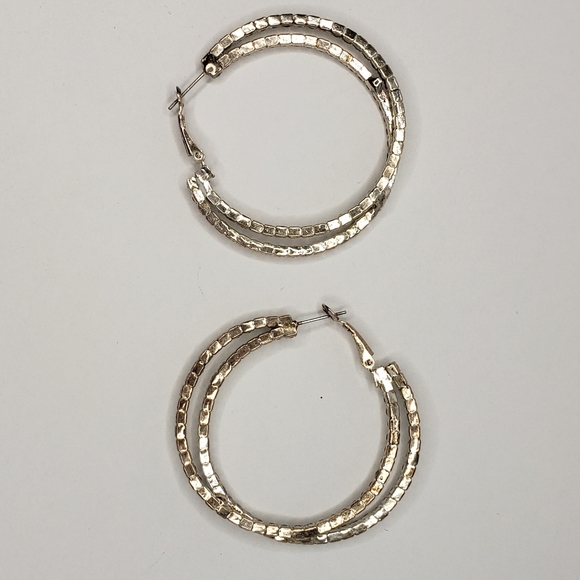 Silvertone Double Circular Rhinestone Earrings - Picture 4 of 5